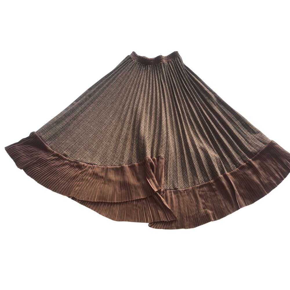 Fifth Japan Brown Plaid Pleated Midi Skirt Elastic Waist Houndstooth Flare